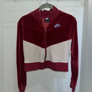 Red and White Velvet Nike Cropped Jacket